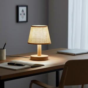 Lámpara de mesa de madera, luz de noche de estilo escandinavo, pantalla de yute y lino (alimentación por USB)