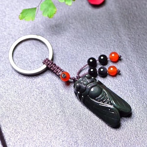 May include: A dark green cicada-shaped keyring pendant with detailed carving, attached to a silver ring. The pendant is adorned with black and orange beads, and a woven cord. A unique accessory.