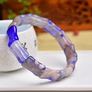 14x18MM Blue Cherry Blossom Agate Bamboo Bracelet • Handcrafted • Growth Stone • Healing Crystal Wealth Calm • Unisex Wear or Gift