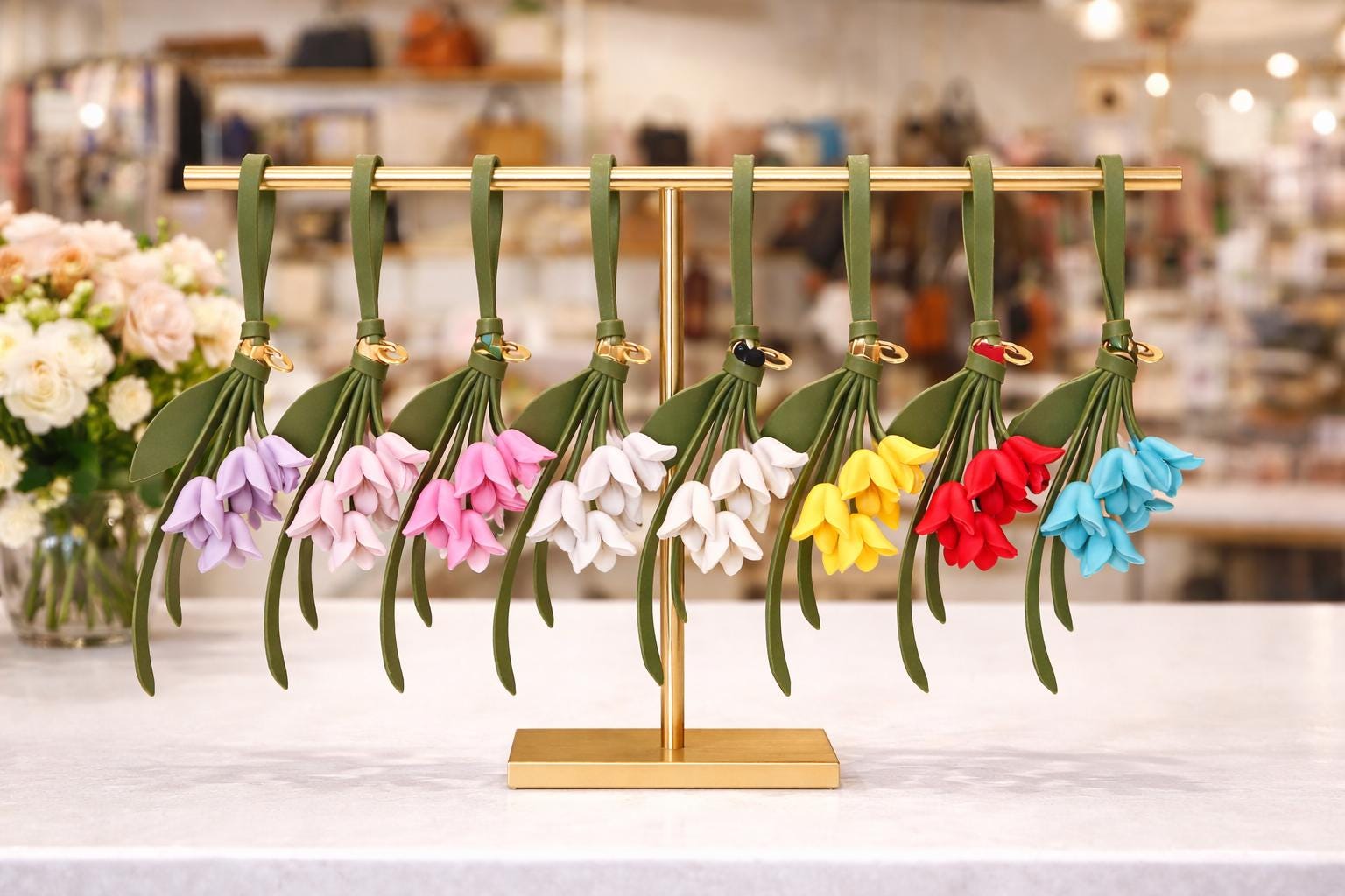 Loewe Green and Yellow Floral Key Holder with GoldRing❤️ 100% Handmade Leather Tulip Bouquet Keychain - Mini  main image 3