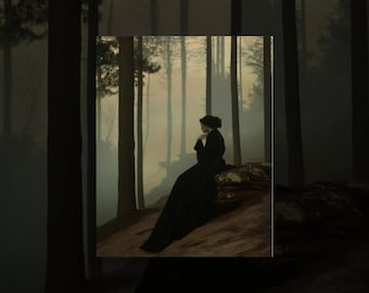 May include: A person wearing a long black dress sits on a rock in a forest. The scene features tall, dark tree trunks and a misty, muted background. The person is positioned in profile, facing toward the left, with a dark, somber color palette.