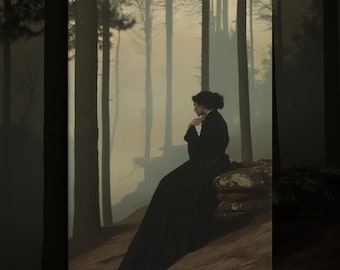 May include: A vertical wall art print depicting a person with dark hair wearing a long black dress, sitting on a mossy rock formation within a dense, foggy forest. Tall, dark tree trunks frame the scene, with a muted, hazy light filtering through the background, creating a somber and atmospheric visual composition.