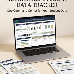 May include: A laptop displaying an Excel Student Data Tracker dashboard with charts and tables, accompanied by printed Student Progress Report and Parent-Teacher Conference Preparation documents on a surface.