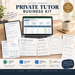 Puede incluir: Un kit de negocios para tutores privados que incluye una computadora portátil con un rastreador de operaciones, un cuestionario de admisión, un acuerdo de servicios, plantillas de correo, un informe de progreso y una lista de verificación.