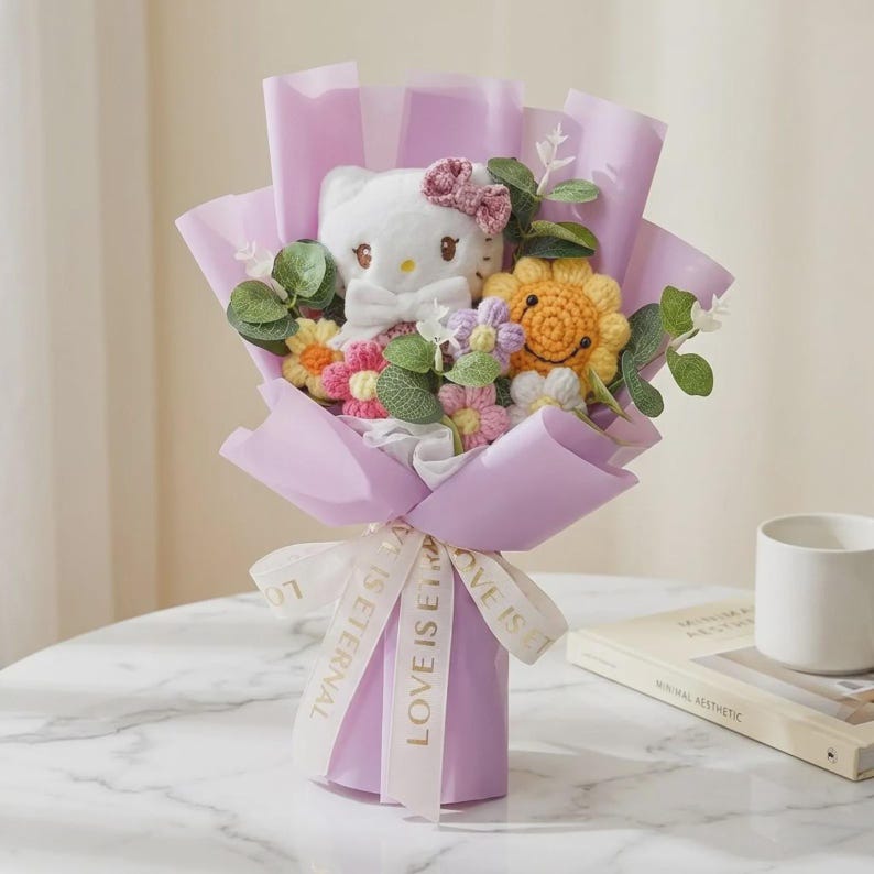 Hello Kitty Flower Bouquet | Crochet Rose Sunflower Cute Plush Doll Gift for Her Kawaii Anniversary |Mother Days| 35cm Knitted Home Decor 12