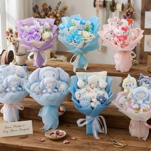 May include: A collection of plush toy bouquets featuring various characters, including Hello Kitty and Cinnamoroll. Each bouquet is wrapped in colorful paper and tied with ribbons. Some bouquets include soap flowers. The text on the card reads "Kawaii Plushie & Soap Flower Bouquets."
