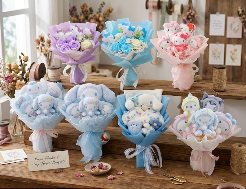 May include: A collection of plush toy bouquets featuring various characters, including Hello Kitty and Cinnamoroll. Each bouquet is wrapped in colorful paper and tied with ribbons. Some bouquets include soap flowers. The text on the card reads "Kawaii Plushie & Soap Flower Bouquets."