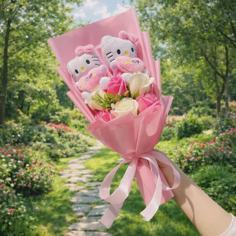 Hello Kitty Flower Bouquet | Crochet Rose Sunflower Cute Plush Doll Gift for Her Kawaii Anniversary |Mother Days| 35cm Knitted Home Decor 8
