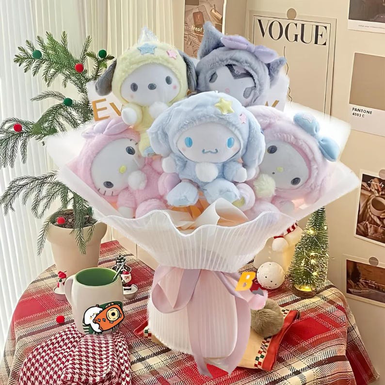 May include: A bouquet of plush toys in pastel colors, including blue, pink, and yellow, wrapped in white paper and tied with a pink ribbon. The toys have animal-like features and star accents. The word "VOGUE" is visible in the background.
