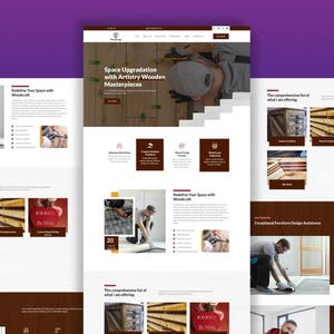 May include: Website design showcasing interior design services. The page features images of furniture and woodworking, with text that reads "Space Upgradation with Artistry Wooden Masterpieces." Additional text includes "Redefine Your Space with Woodcraft."