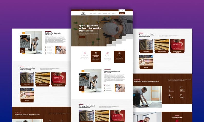 May include: Website design showcasing interior design services. The page features images of furniture and woodworking, with text that reads "Space Upgradation with Artistry Wooden Masterpieces." Additional text includes "Redefine Your Space with Woodcraft."