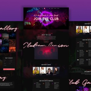 May include: A website design with a dark theme and neon pink accents. The site features sections labeled "Club Gallery," "Join the Club," and "About the Club." The text "Clubscene Union" is prominently displayed. Images of party hosts and upcoming events are also visible.