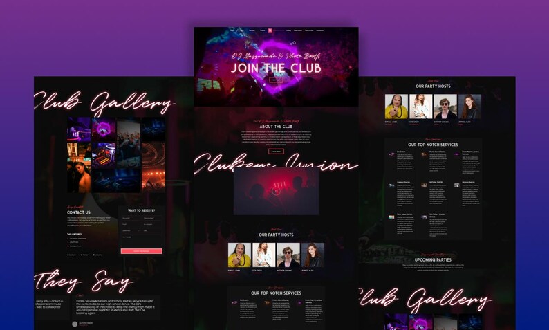 May include: A website design with a dark theme and neon pink accents. The site features sections labeled "Club Gallery," "Join the Club," and "About the Club." The text "Clubscene Union" is prominently displayed. Images of party hosts and upcoming events are also visible.