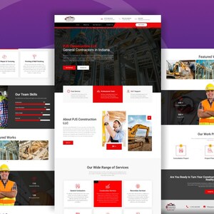 May include: A website design showcasing a construction company's services. The design features a red and white color scheme with images of construction workers, equipment, and completed projects. The text includes "General Contractors in Indiana" and "Featured Works."