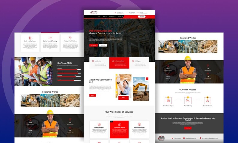 May include: A website design showcasing a construction company's services. The design features a red and white color scheme with images of construction workers, equipment, and completed projects. The text includes "General Contractors in Indiana" and "Featured Works."