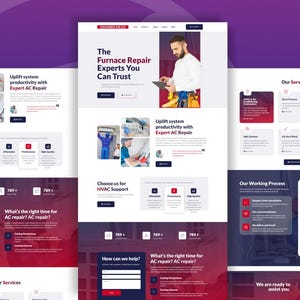 May include: A website design with a purple and white gradient background. The website's content includes the text "The Furnace Repair Experts You Can Trust" and "Uplift system productivity with Expert AC Repair". The website also features images of HVAC technicians.
