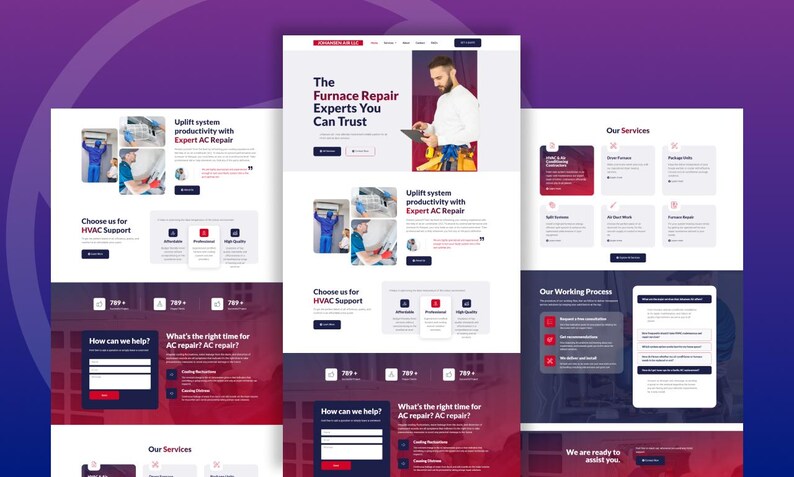 May include: A website design with a purple and white gradient background. The website's content includes the text "The Furnace Repair Experts You Can Trust" and "Uplift system productivity with Expert AC Repair". The website also features images of HVAC technicians.