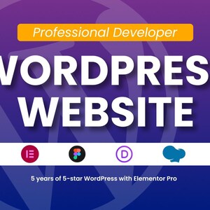 May include: A graphic with a purple and blue gradient background. The text "WORDPRESS WEBSITE" is in large white letters. Below are logos for WordPress, Elementor, and other website platforms. The text "Professional Developer" is in a yellow banner. The text "5 years of 5-star WordPress with Elementor Pro" is at the bottom.