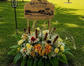 Graveside memorial faux flower arrangements Personalized with plaque and solar light