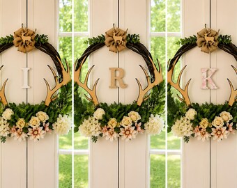 30" Vine Rustic Deer Antler Wreath with Personalized Monogram