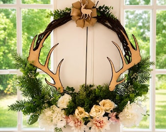 30" Rustic Antler Wreath with Personalized Monogram – Farmhouse Front Door Decor