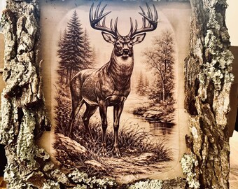 Rustic handmade whitetail buck bark framed