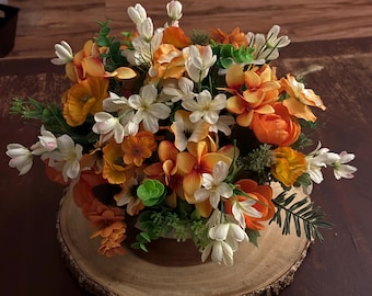Rustic Orange & Cream Floral Arrangement | Farmhouse Table Decor | Fall Centerpiece | Faux Flower Arrangement | Woodland Decor