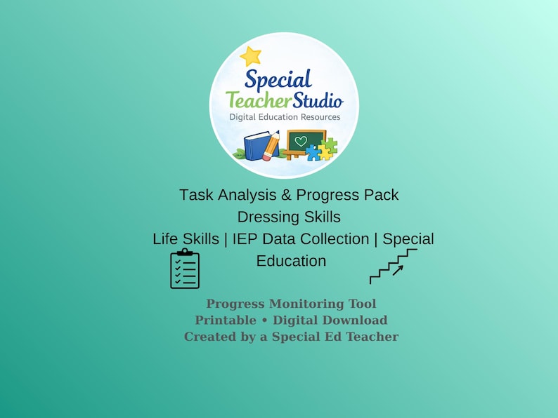 Peut inclure: Graphique turquoise avec le texte "Special Teacher Studio" et "Digital Education Resources". L'image comprend du texte sur l'analyse des t&acirc;ches, les comp&eacute;tences vestimentaires, les comp&eacute;tences de la vie et l'&eacute;ducation sp&eacute;cialis&eacute;e.