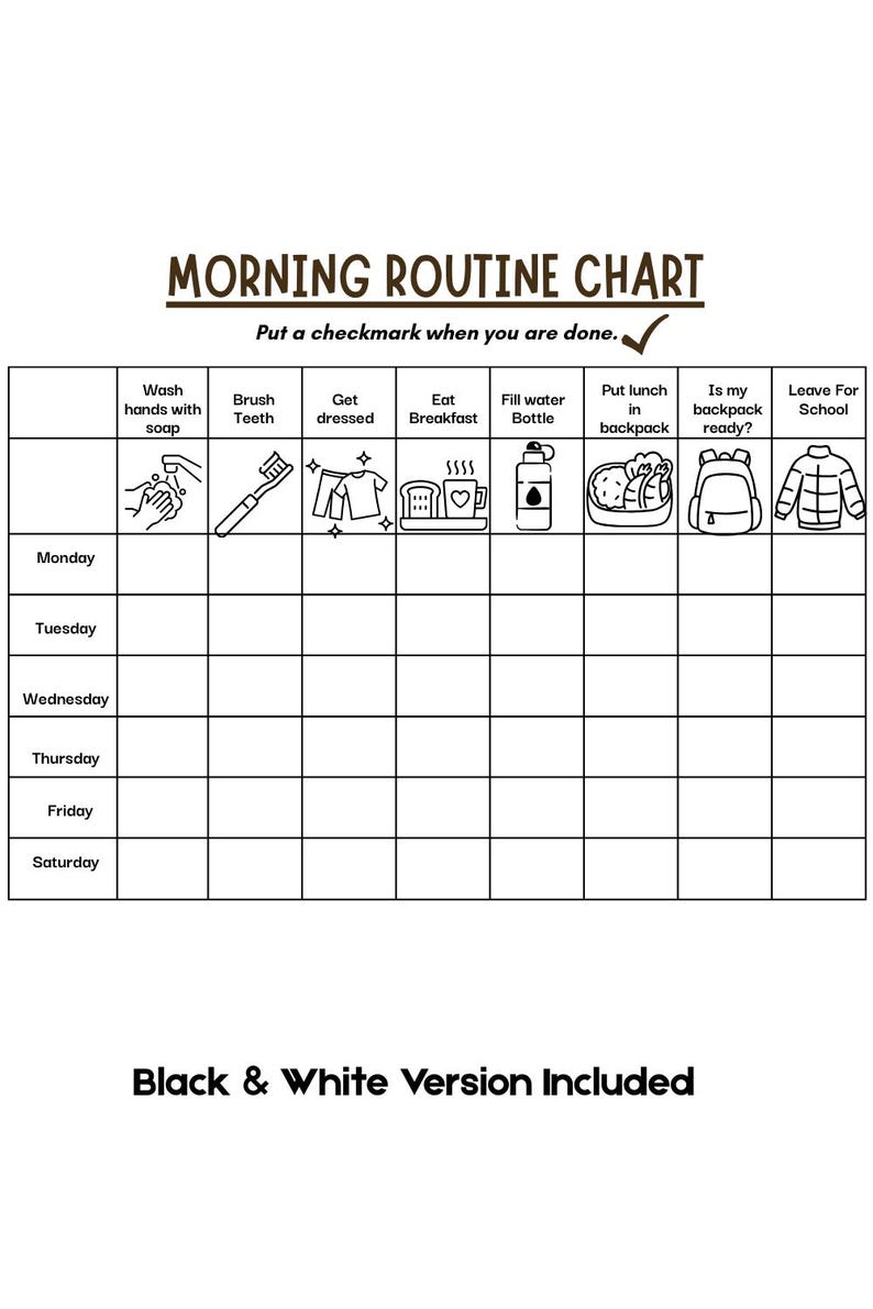 Check Mark Routine Daily Routine Chart for Kids Printable | Morning & Bedtime Routine ...