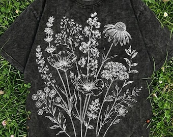Wildflower Bouquet Botanical Graphic Washed Tee, Hand Drawn Floral Wash Shirt, Unique Nature Lover,Aesthetic Cottagecore Gift, Washed Tee