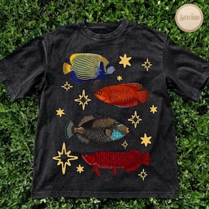 Cute Colorful Fish Graphic Washed Tee, Vintage Washed Cotton, Unisex Streetwear