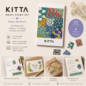 May include: A Kitta Washi Stamp Set featuring 36 pre-cut floral patterned stamps on 4 sheets. The set includes various colorful flower designs like tulips and pansies. The packaging displays the brand name Kitta and product details.