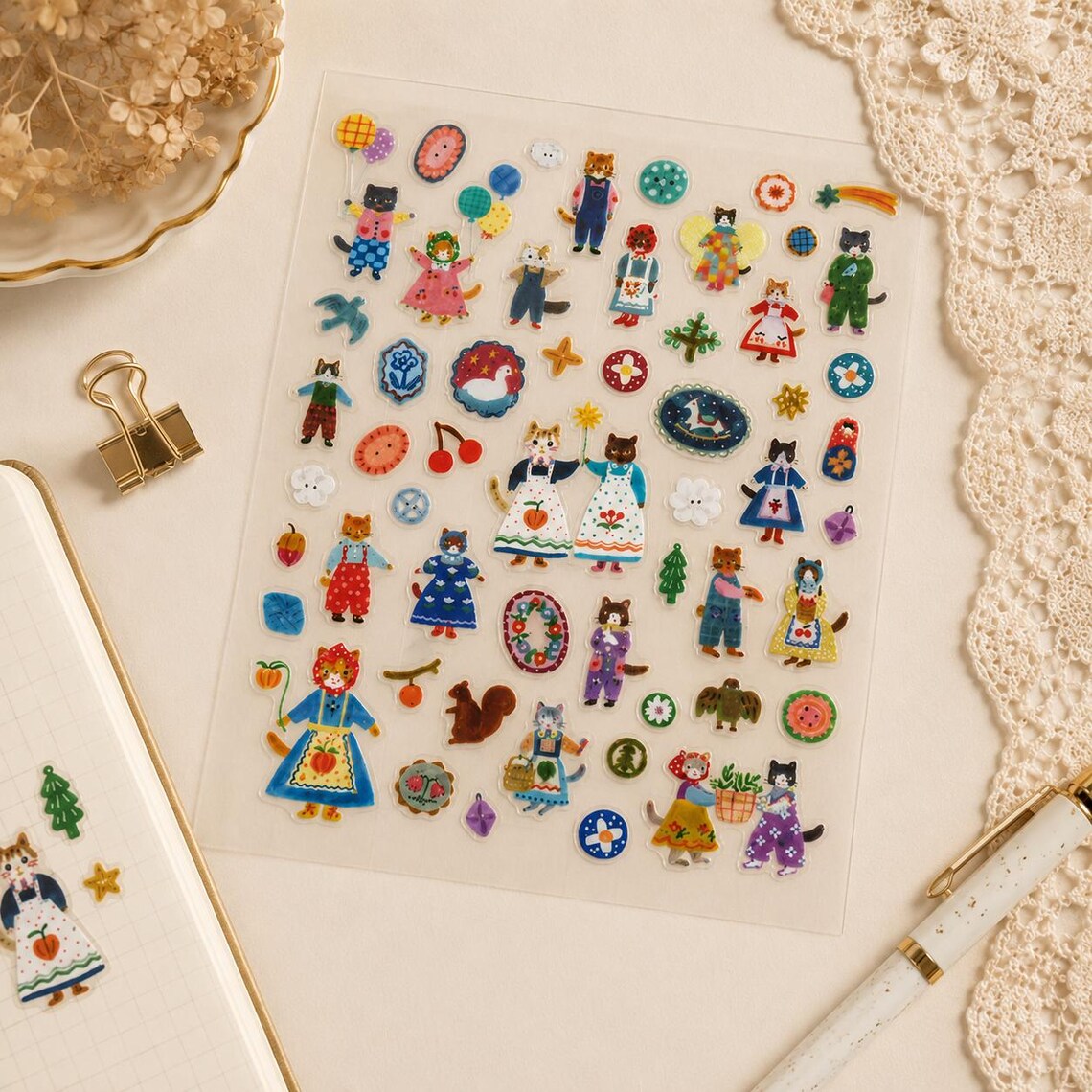 Cats & Buttons Sticker Sheet | Cute Cat PET Stickers | Japanese Aiko ...