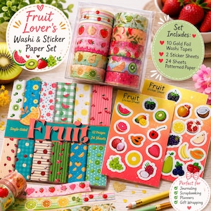 May include: A stationery set featuring 10 gold foil washi tapes, 2 sticker sheets with various fruit illustrations, and 24 sheets of patterned paper. The set includes designs with cherries, strawberries, kiwis, oranges, and watermelons.