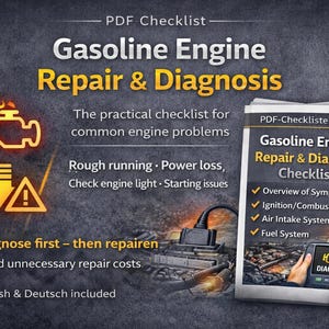 Könnte beinhalten: Werbung für eine PDF-Checkliste mit dem Titel "Benzinmotor Reparatur & Diagnose". Das Bild zeigt ein Diagnosewerkzeug, Motorsymbole und Text, der häufige Motorprobleme und die Funktionen der Checkliste hervorhebt.