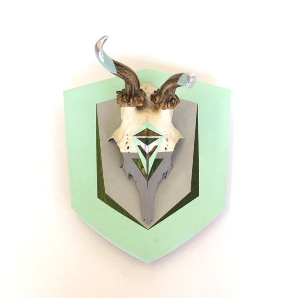 MINT, GREEN & GREY, silver geometric aztec arrow triangle painted mount deer skull and antlers horns - taxidermy animal art unusual decor