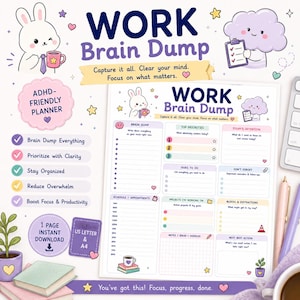 May include: A Work Brain Dump planner page featuring sections for priorities, tasks, schedule, and notes. The design includes pastel colors, a white rabbit, and a purple cloud character. Text includes "WORK Brain Dump," "Capture it all. Clear your mind. Focus on what matters," and "ADHD-FRIENDLY PLANNER."