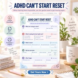 May include: A printable ADHD Can't Start Reset worksheet featuring five numbered sections with prompts for task management, including spaces for tiny steps, start plans, and rewards, designed in a soft pastel colour palette with text.
