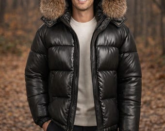 Black Sheepskin Leather Puffer Jacket with Real White Fox Fur Hood for Men