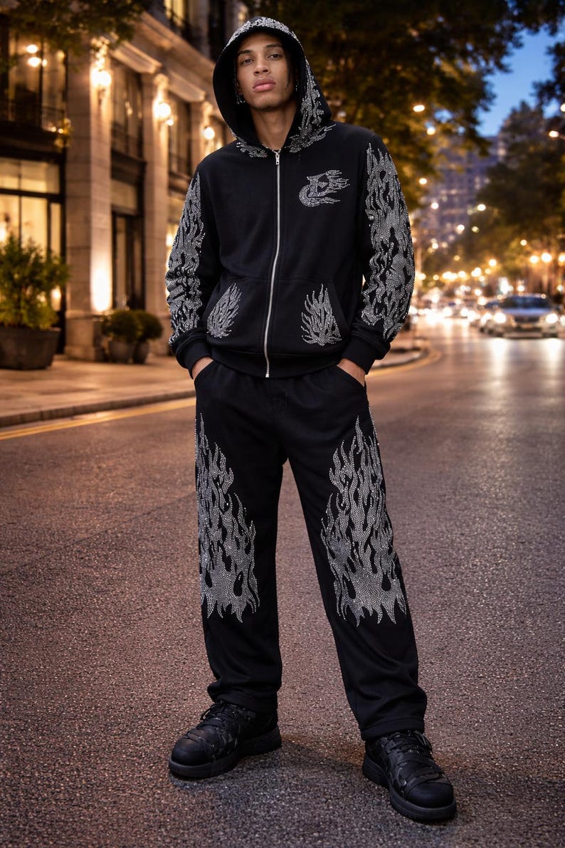 Men Rhinestone Track Suits Black Rhinestone Tracksuit Men Luxury Streetwear Set Hoodie Pants ...