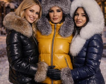 Handgefertigte Damen Leder Steppjacke Mit Echter Fuchspelz Kapuze