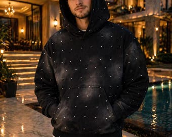 Sudadera con capucha negra de pedrería para hombre: Sudadera de estilo urbano de lujo, estilo de diseñador.
