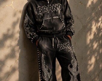 Black Rhinestone Tracksuit Set: Luxury Hoodie, Pants, Y2K Streetwear Outfit