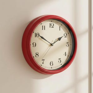 May include: A red-framed wall clock. The clock face is cream-coloured with black numerals and hands. The clock is mounted on a light-coloured wall.