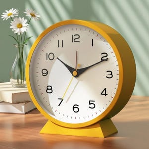 Pode incluir: Um relógio de mesa analógico amarelo brilhante com mostrador branco e algarismos pretos. O relógio tem ponteiros pretos e um ponteiro de segundos amarelo. O relógio está sobre uma superfície de madeira. Margaridas num vaso de vidro estão no fundo.