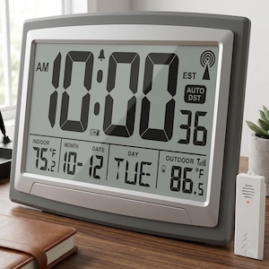 12,5-calowy zegar ścienny atomowy, temperatura wewnętrzna/zewnętrzna, duży wyświetlacz cyfrowy, zasilanie bateryjne