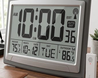 12.5 Inch Atomic Wall Clock, Indoor/Outdoor Temperature, Large Digital Display, Battery Operated