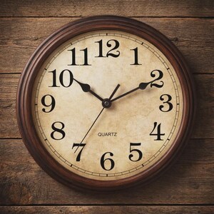 May include: A round, brown-framed quartz clock with a cream-colored face. Black numerals mark the hours, and black hands indicate the time. The word "QUARTZ" is printed at the bottom of the clock face. The clock is set against a wooden background.