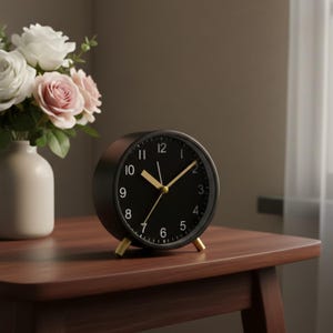 Puede incluir: Un reloj analógico negro con manecillas y patas doradas sobre una mesa de madera. La esfera del reloj es negra con números blancos. Un jarrón con rosas blancas y rosas está en el fondo.