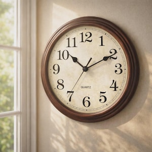 May include: A round, brown-framed quartz clock with a cream-coloured face. Black numerals mark the hours, and black hands indicate the time. The word "QUARTZ" is printed below the centre.